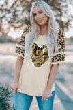 Womenn's Crew Neck Graphic Blouse Ruffled Leopard Sleeve Patchwork Top