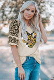 Womenn's Crew Neck Graphic Blouse Ruffled Leopard Sleeve Patchwork Top