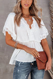 Women's Plain V Neck Short Sleeve Blouse Lace Splicing Elastic Waist Top