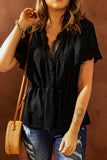 Women's Plain V Neck Short Sleeve Blouse Lace Splicing Elastic Waist Top