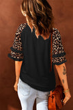 Womenn's Crew Neck Graphic Blouse Ruffled Leopard Sleeve Patchwork Top