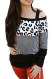 Black Leopard Striped Slash Collar Long Sleeve Blouse LC25115323-2