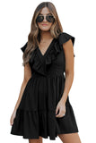 LC6113322-2-S, LC6113322-2-M, LC6113322-2-L, LC6113322-2-XL, Black Ruffle Trim V Neck Smocking Back Mini Dress