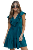 LC6113322-5-S, LC6113322-5-M, LC6113322-5-L, LC6113322-5-XL, Blue Ruffle Trim V Neck Smocking Back Mini Dress