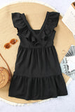 LC6113322-2-S, LC6113322-2-M, LC6113322-2-L, LC6113322-2-XL, Black Ruffle Trim V Neck Smocking Back Mini Dress