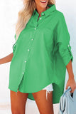 LC2553128-9-S, LC2553128-9-L, LC2553128-9-XL, LC2553128-9-2XL, LC2553128-9-M, Green Solid Color Button Up Tunic Oversized Shirt