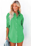 LC2553128-9-S, LC2553128-9-L, LC2553128-9-XL, LC2553128-9-2XL, LC2553128-9-M, Green Solid Color Button Up Tunic Oversized Shirt