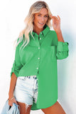 LC2553128-9-S, LC2553128-9-L, LC2553128-9-XL, LC2553128-9-2XL, LC2553128-9-M, Green Solid Color Button Up Tunic Oversized Shirt