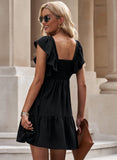 LC6113322-2-S, LC6113322-2-M, LC6113322-2-L, LC6113322-2-XL, Black Ruffle Trim V Neck Smocking Back Mini Dress