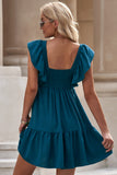 LC6113322-5-S, LC6113322-5-M, LC6113322-5-L, LC6113322-5-XL, Blue Ruffle Trim V Neck Smocking Back Mini Dress