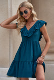 LC6113322-5-S, LC6113322-5-M, LC6113322-5-L, LC6113322-5-XL, Blue Ruffle Trim V Neck Smocking Back Mini Dress