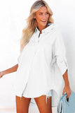 LC2553128-1-S, LC2553128-1-L, LC2553128-1-XL, LC2553128-1-2XL, LC2553128-1-M, White Solid Color Button Up Tunic Oversized Shirt