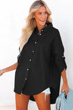 LC2553128-2-S, LC2553128-2-L, LC2553128-2-XL, LC2553128-2-2XL, LC2553128-2-M, Black Solid Color Button Up Tunic Oversized Shirt