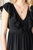 LC6113322-2-S, LC6113322-2-M, LC6113322-2-L, LC6113322-2-XL, Black Ruffle Trim V Neck Smocking Back Mini Dress