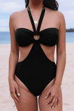 LC443451-2-S, LC443451-2-M, LC443451-2-L, LC443451-2-XL, LC443451-2-2XL, Black Halter O-ring Ruched Bust One Piece Swimsuit