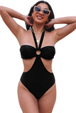 LC443451-2-S, LC443451-2-M, LC443451-2-L, LC443451-2-XL, LC443451-2-2XL, Black Halter O-ring Ruched Bust One Piece Swimsuit