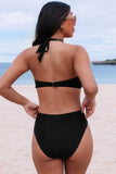 LC443451-2-S, LC443451-2-M, LC443451-2-L, LC443451-2-XL, LC443451-2-2XL, Black Halter O-ring Ruched Bust One Piece Swimsuit