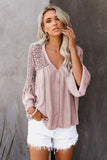 Women's Bell Sleeves V Neck Solid Shirt Bottom Down Crochet Blouse