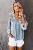 Women's Bell Sleeves V Neck Solid Shirt Bottom Down Crochet Blouse