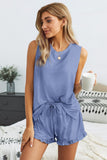 Crew Neck Tank and Drawstring Ruffled Shorts Lounge Set