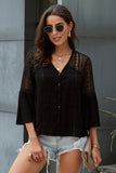 Women's Bell Sleeves V Neck Solid Shirt Bottom Down Crochet Blouse