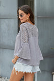 Women's Bell Sleeves V Neck Solid Shirt Bottom Down Crochet Blouse