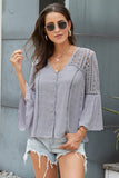 Women's Bell Sleeves V Neck Solid Shirt Bottom Down Crochet Blouse