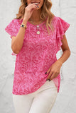 Women's Floral Ruffle Short Sleeve Tee Back Button Blouse