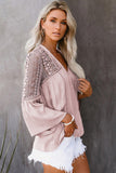 Women's Bell Sleeves V Neck Solid Shirt Bottom Down Crochet Blouse