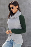 Button Turtle Cowl Neck Asymmetric Hem Wrap Pullover Sweater