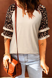 Womenn's Crew Neck Graphic Blouse Ruffled Leopard Sleeve Patchwork Top