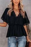 Women's Plain V Neck Short Sleeve Blouse Lace Splicing Elastic Waist Top