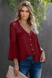 Women's Bell Sleeves V Neck Solid Shirt Bottom Down Crochet Blouse