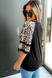 Womenn's Crew Neck Graphic Blouse Ruffled Leopard Sleeve Patchwork Top