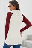 Button Turtle Cowl Neck Asymmetric Hem Wrap Pullover Sweater