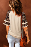 Womenn's Crew Neck Graphic Blouse Ruffled Leopard Sleeve Patchwork Top