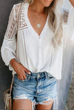 Women's Bell Sleeves V Neck Solid Shirt Bottom Down Crochet Blouse