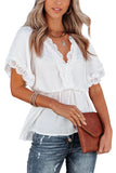 Women's Plain V Neck Short Sleeve Blouse Lace Splicing Elastic Waist Top