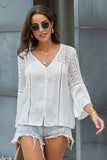 Women's Bell Sleeves V Neck Solid Shirt Bottom Down Crochet Blouse