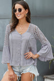 Women's Bell Sleeves V Neck Solid Shirt Bottom Down Crochet Blouse