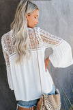 Women's Bell Sleeves V Neck Solid Shirt Bottom Down Crochet Blouse