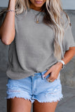 Women's Crew Neck Waffle Knit Top Button Shoulder Short Sleeve T Shirt