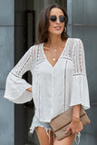 Women's Bell Sleeves V Neck Solid Shirt Bottom Down Crochet Blouse