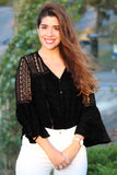 Women's Bell Sleeves V Neck Solid Shirt Bottom Down Crochet Blouse