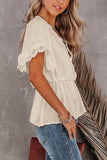 Women's Plain V Neck Short Sleeve Blouse Lace Splicing Elastic Waist Top