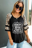 Womenn's Crew Neck Graphic Blouse Ruffled Leopard Sleeve Patchwork Top