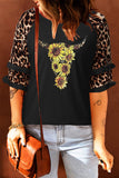 Womenn's Crew Neck Graphic Blouse Ruffled Leopard Sleeve Patchwork Top