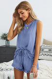 Crew Neck Tank and Drawstring Ruffled Shorts Lounge Set