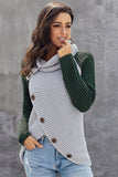 Button Turtle Cowl Neck Asymmetric Hem Wrap Pullover Sweater