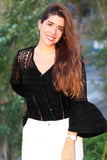 Women's Bell Sleeves V Neck Solid Shirt Bottom Down Crochet Blouse